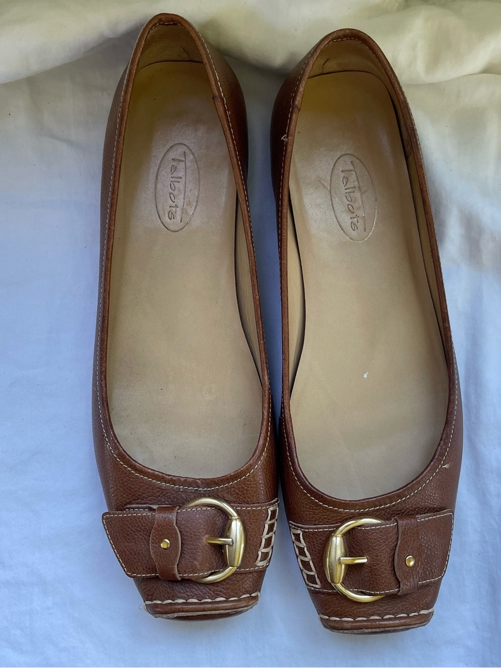 Talbots Brown Leather Buckle Flats with Gold-Tone Hardware